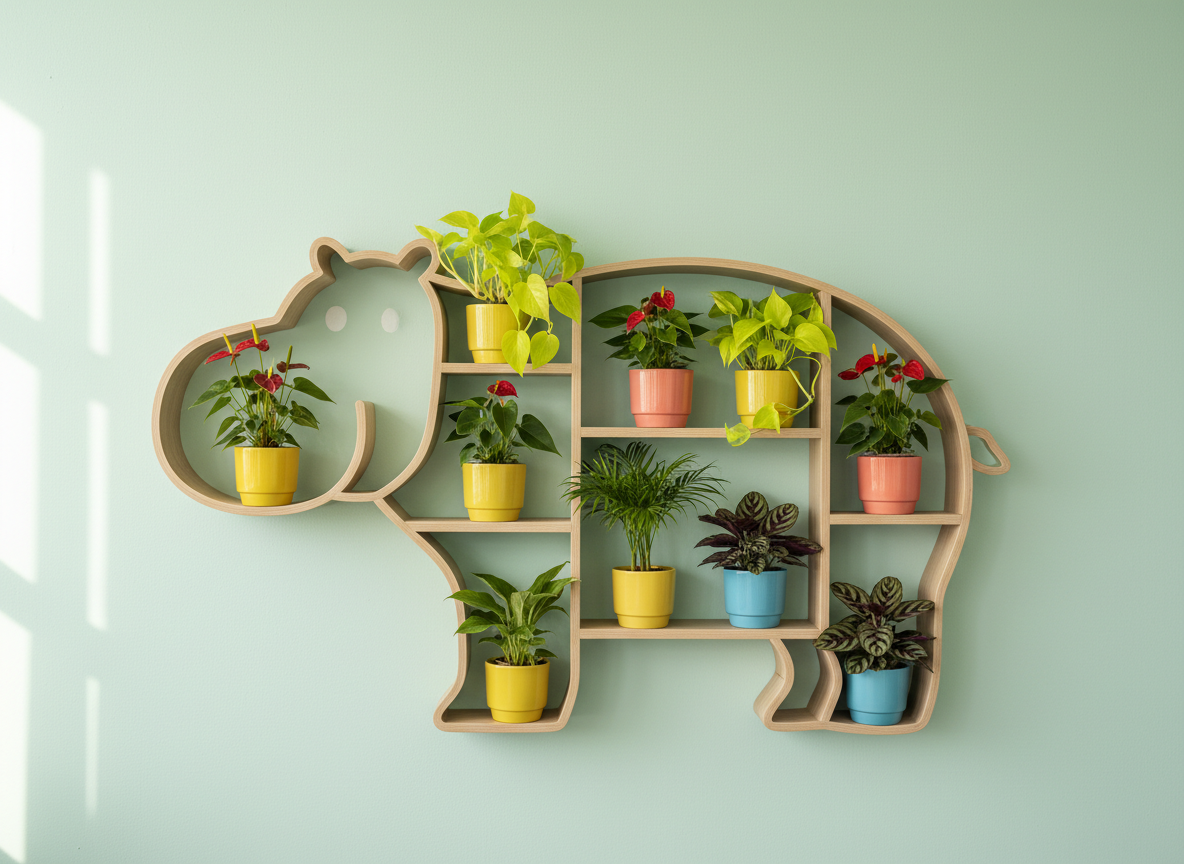 A whimsical nursery display of potted tropical plants arranged on staggered wooden shelves shaped like a friendly, abstract hippo silhouette, rendered in crisp photographic realism. The light-wood hippo shelving stands against a clean, pale mint wall, its rounded forms echoing the playful brand personality. Each shelf holds a different tropical variety: neon-green philodendrons spilling in trailing vines, compact anthuriums with waxy red flowers, tiny palms with feathery fronds, and colorful calatheas with purple undersides. The pots are matte ceramic in sunny yellows, ocean blues, and soft coral pinks. Bright, indirect daylight from an unseen window to the left creates gentle, even illumination with faint, soft shadows. Shot straight-on at eye level with sharp focus throughout, the composition feels organized yet fun, conveying a sense of discovery and delight in exploring tropical plants.