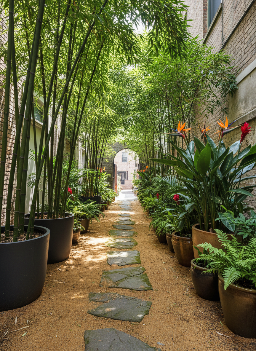 A narrow, urban side yard dramatically transformed into a playful tropical tunnel, rendered in immersive photographic realism. Towering bamboo in large charcoal planters lines one side, while staggered pots of bird-of-paradise, red ginger, and lush ferns crowd the other, their leaves nearly touching overhead to create a leafy canopy. The ground is a path of irregular, moss-flecked stepping stones set in fine sand, gently curving toward a bright, sunlit opening in the distance. Midday sunlight filters from above, broken into speckled patches by the dense foliage, casting lively patterns on the path and pots. Captured from a low, eye-level perspective looking down the path, the composition draws the viewer inward, with strong depth and a slightly dreamy background. The mood is adventurous and playful, like discovering a hidden tropical walkway squeezed between everyday city walls.