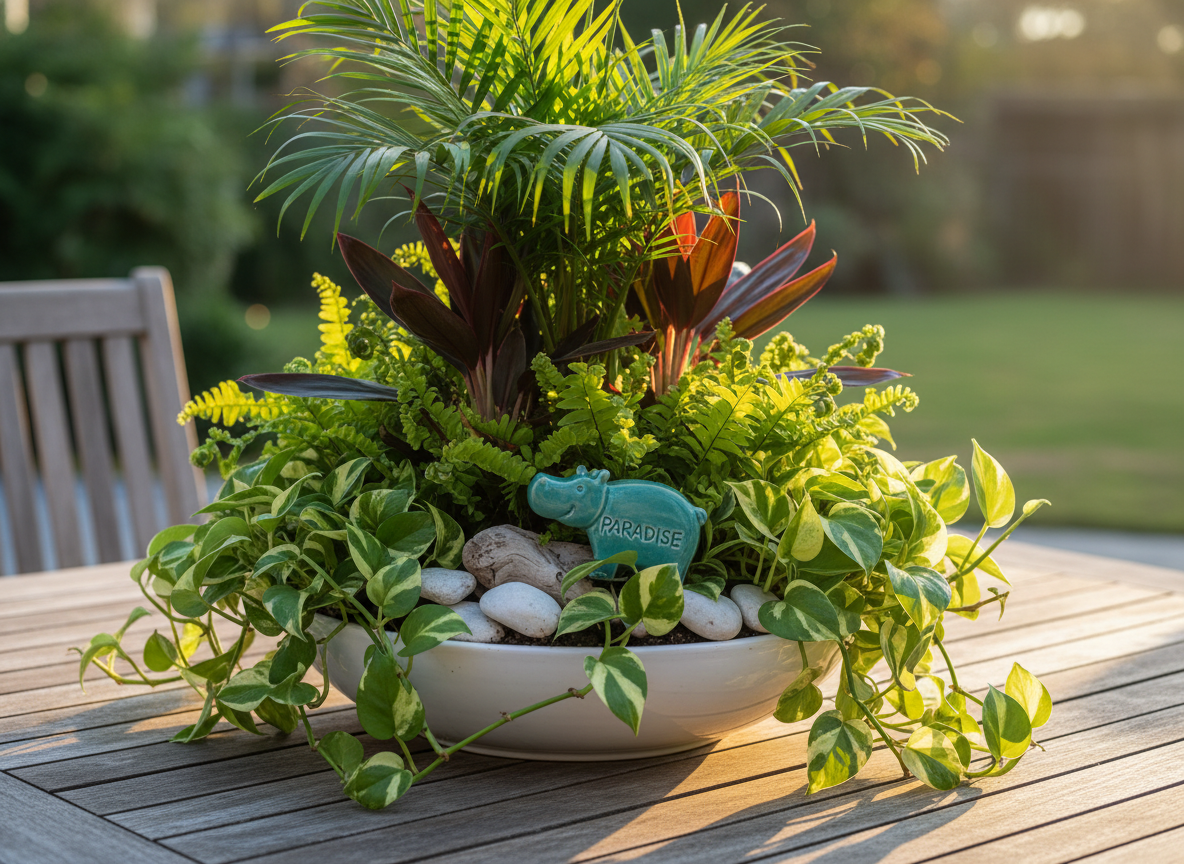 A vibrant close-up of an exotic tropical plant arrangement designed as a ‘vacation-in-a-pot’ centerpiece, captured with high-resolution photographic realism. A wide, low, white ceramic bowl overflows with layered foliage: a central dwarf palm with arching fronds, surrounded by lime-green ferns, deep burgundy ti plants, and variegated pothos spilling over the edges. Tiny decorative accents—smooth white pebbles, a miniature driftwood piece, and a small, teal hippo-shaped plant marker—peek between leaves. The arrangement rests on a weathered teak outdoor table with visible grain and sun-kissed patina. Soft golden hour light from the right creates warm highlights on the leaves’ glossy surfaces and delicate shadows between them. Shot from a slightly elevated, close angle with a shallow depth of field, the background melts into a soft blur of green, evoking an intimate, joyful tropical escape on a backyard table.