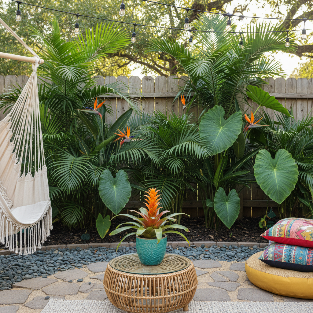 A cheerful backyard lounging nook transformed into a tropical escape, shown in bright photographic detail. A curved arrangement of dense palms, bird-of-paradise plants, and elephant ear colocasia forms a leafy green backdrop along a wooden fence, their oversized leaves overlapping in layers of texture. In front, a low, round rattan side table holds a single, vibrant bromeliad in a turquoise pot, its rosette of spiky leaves framing a fiery orange center. String lights zigzag overhead, unlit in the soft, diffused late-morning light. The ground is a mix of smooth river stones and sandy-colored pavers. Captured from a slightly elevated angle, the frame emphasizes depth, with sharp focus on the bromeliad and a gentle bokeh on the foliage behind. The mood is playful, relaxed, and slightly tropical-boho, as if a vacation cabana has landed in a suburban yard.