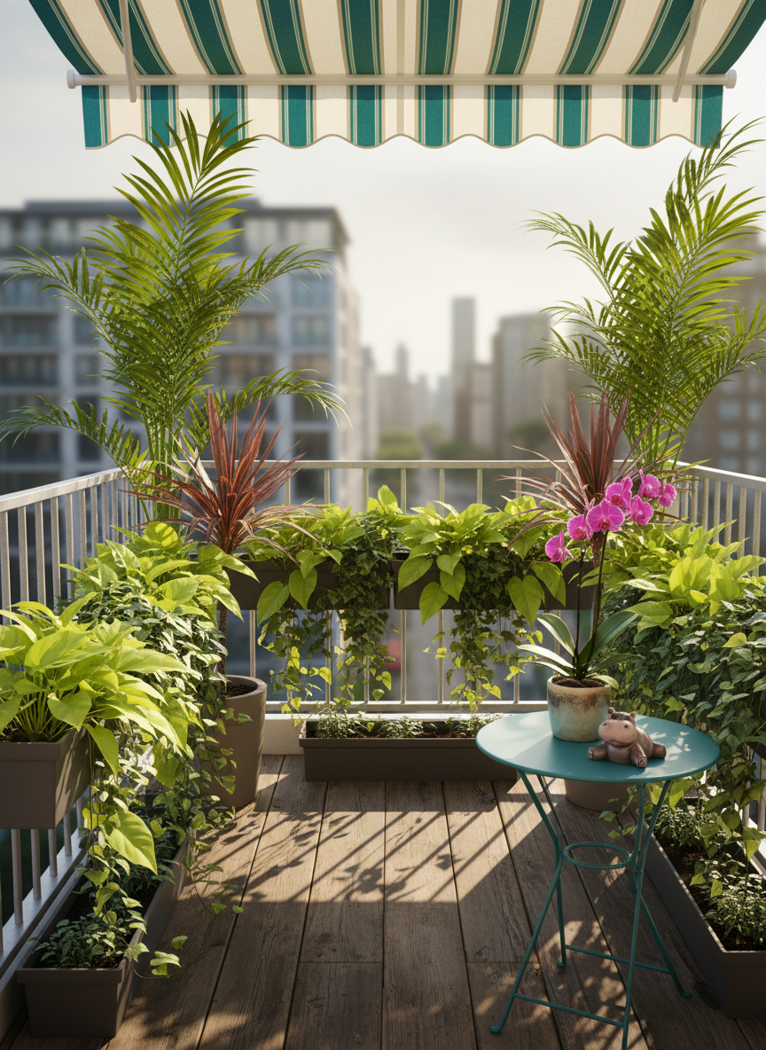 A compact balcony turned into a playful tropical micro-paradise, photographed in bright, crisp detail. Along the railing, rectangular planters overflow with lush, lime-green philodendrons and trailing ivy, while corner stands hold tall potted palms and red-leafed cordyline that nearly brush a striped fabric awning overhead. A small, round, aqua-painted metal table is tucked to one side, topped with a single vivid orchid in full magenta bloom and a tiny, ceramic hippo figurine lounging beside the pot. Warm late-afternoon sunlight streams in from the right, illuminating leaf textures and casting soft, elongated shadows across the balcony’s weathered wooden decking. Shot from a slightly elevated, wide-angle perspective, the image captures the entire balcony while keeping the tropical plants in crisp focus and the distant cityscape blurred. The atmosphere is joyful and escapist, turning even a tiny outdoor space into a vacation-inspired retreat.