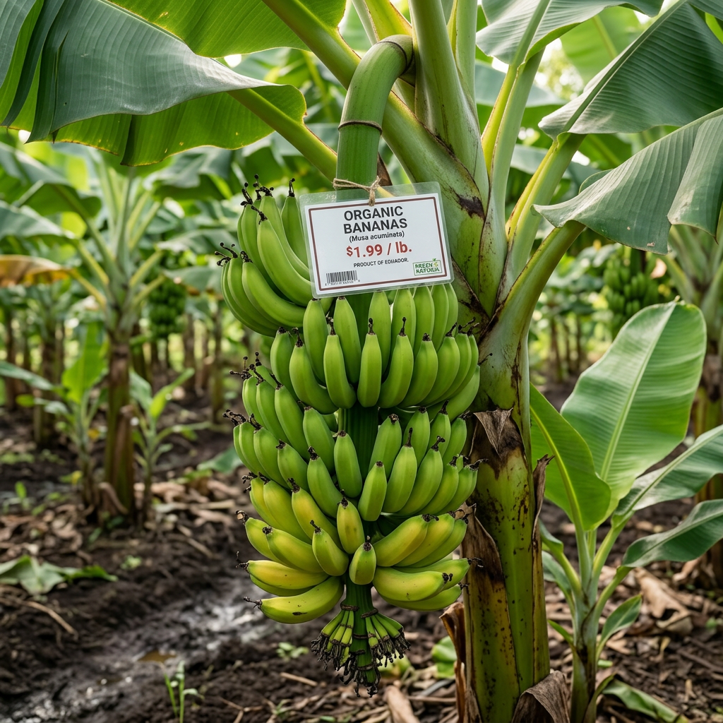 Organic bananas in a wooden crate with $1.99 per pound price sign