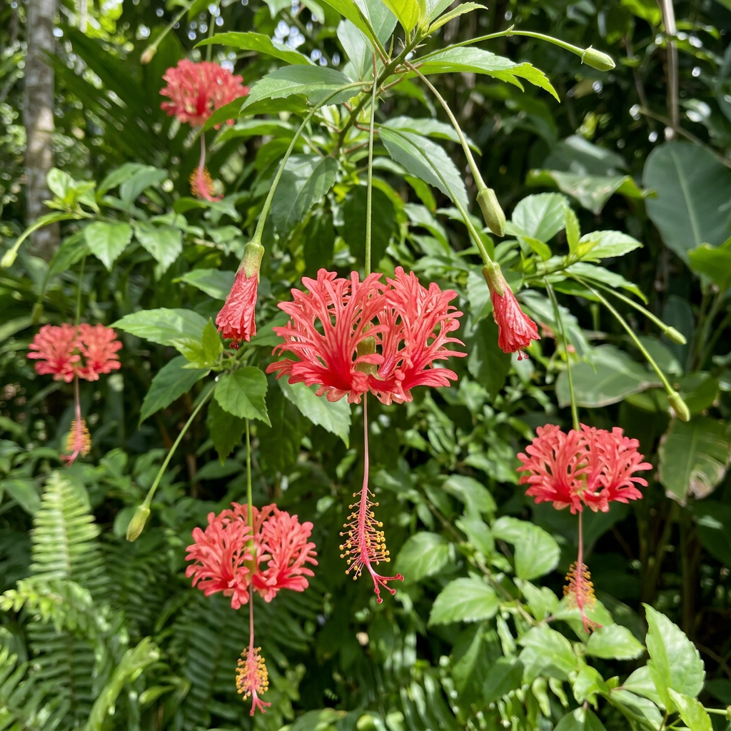 Red hibiscus flowers with fringed petals hanging from thin stems among green foliage