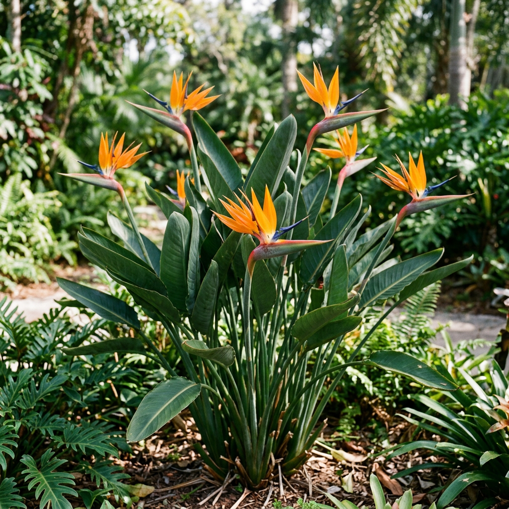Strelitzia plant with orange and blue flowers