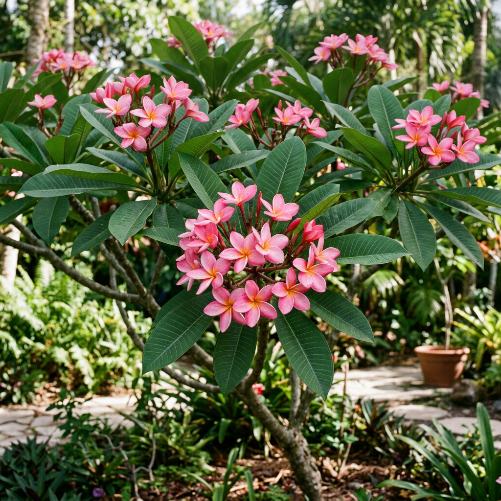 Plumeria rubra plant with pink flowers
