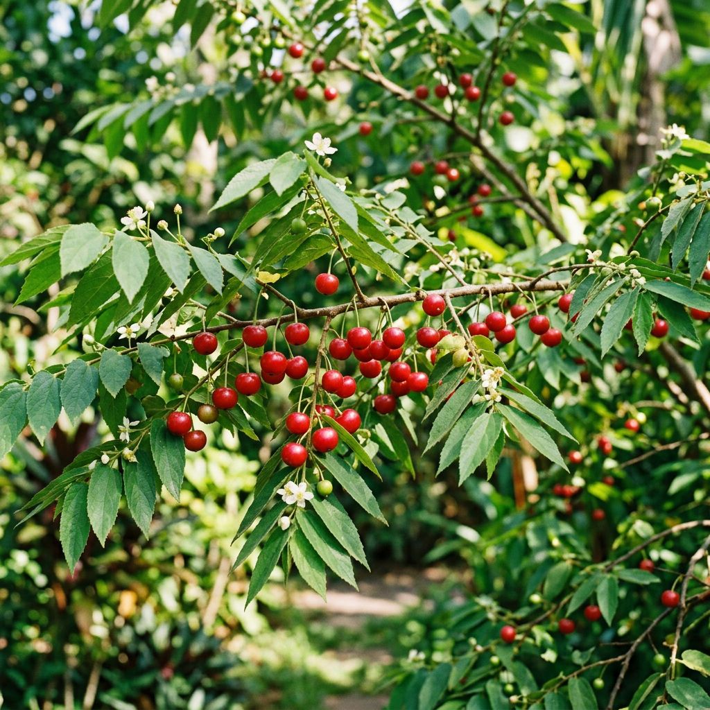 Green leafy branch with clusters of bright red and some green berries